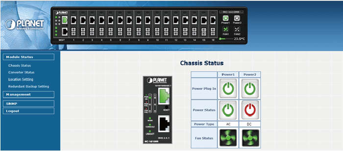 MC-1610MR / MC-1610MR48 — 16-Slot Managed Media Converter Chassis with Redundant Power Supply System, vista 10