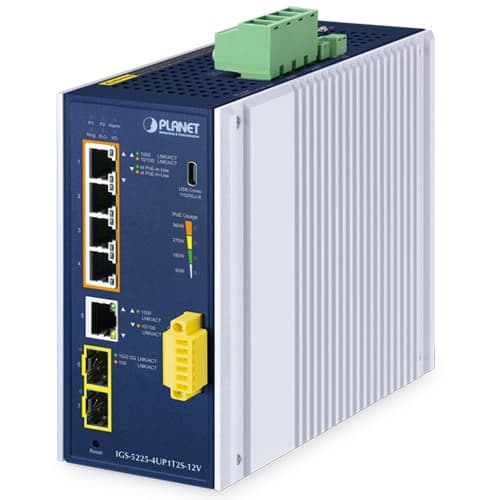 IGS-5225-4UP1T2S-12V — Industrial L2+ 4-Port 10/100/1000T 802.3bt PoE + 1-Port 10/100/1000T +
2-Port 1G/2.5G SFP Managed Ethernet Switch w/12V Booster