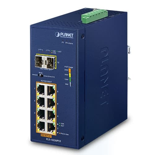 IGS-1020PTF — Industrial 8-Port 10/100/1000T 802.3at PoE + 2-Port 100/1000X SFP Ethernet Switch