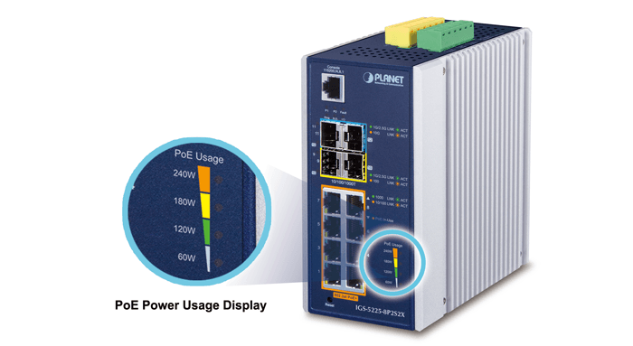 IGS-5225-8P2S2X — Industrial L3 8-Port 10/100/1000T 802.3at PoE + 2-Port 1G/2.5G SFP + 2-Port 10G SFP+ Managed Ethernet Switch, vista 5