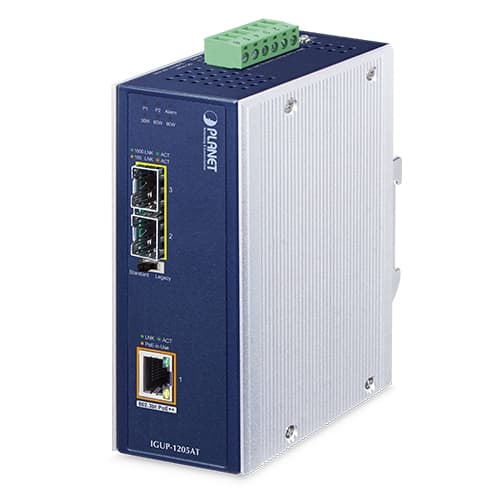 IGUP-1205AT — Industrial 2-Port 100/1000X SFP to 1-Port 10/100/1000T 802.3bt PoE++ Media Converter