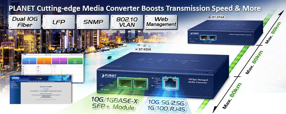 XT-915A — 2-Port 10G/2.5G/1G/100BASE-X SFP+ Managed Media Converter, vista 4