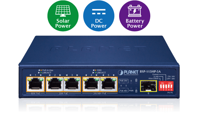 BSP-115HP-5A — 5-Port Hybrid PoE Solar PoE Switch with 1-Port 1000X SFP, vista 8