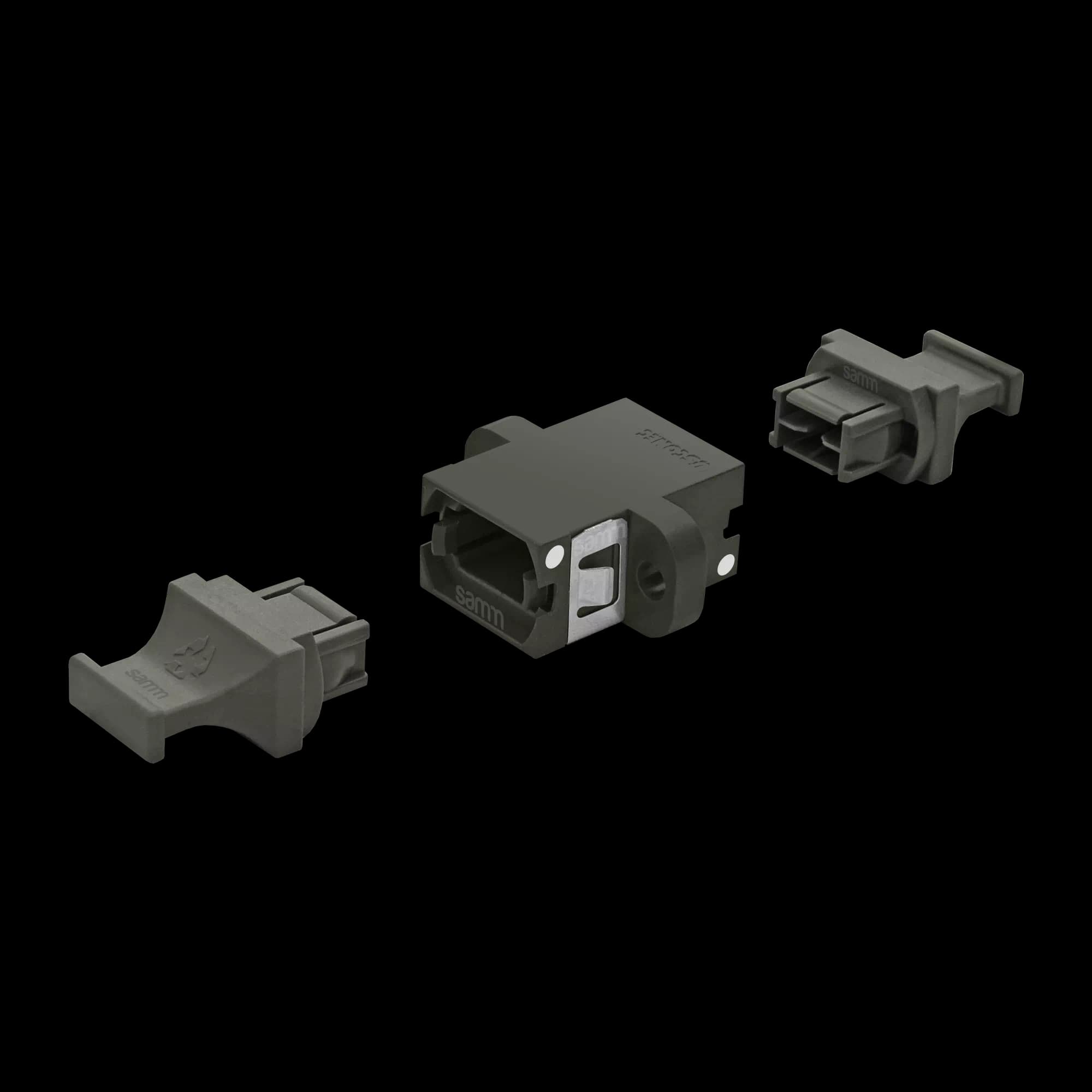 MTP Simplex Adapter | w/ Flange | Opposed Keys | 2 Dust Plugs US Conec (12216, 12219, 13773), vista 3