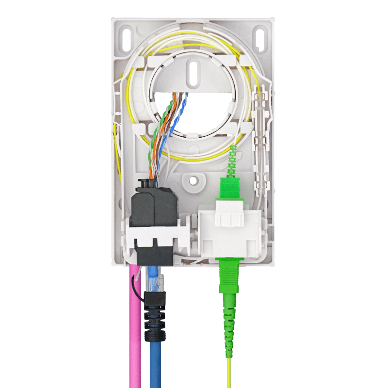 Indoor Termination Box | 2 Patch Fiber+RJ45 Ports | Compact Design, vista 2