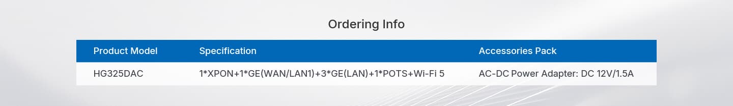 HG325DAC — 1XPON+1GE(WAN/LAN1)+3GE(LAN)+1POTS+Wi-Fi 5 HGU ONT, vista 12
