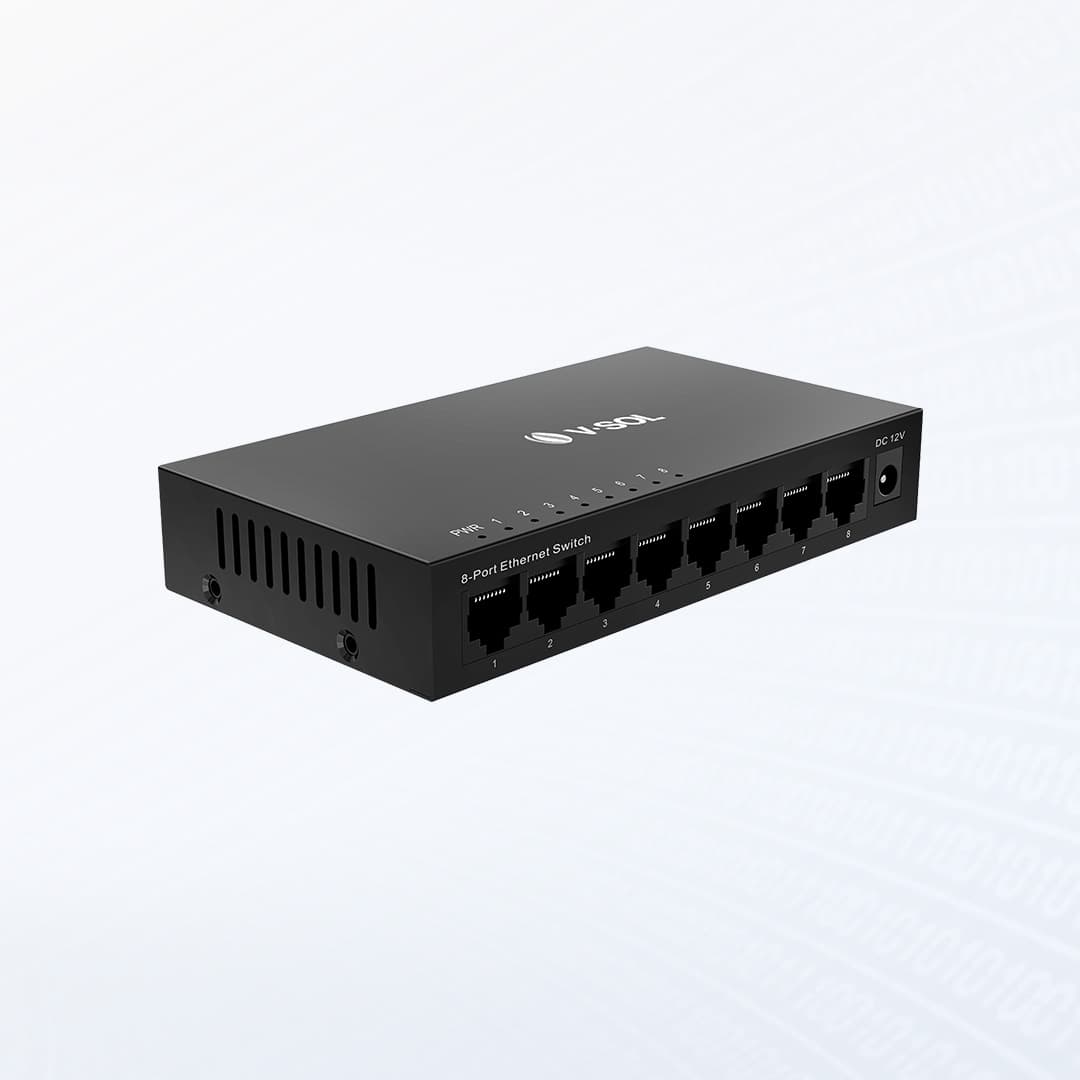 V1500-5F(G)-R, V1500-8F(G)-R — Switch Ethernet no Gestionado de la Serie V1500 (Rápido/Gigabit), vista 3