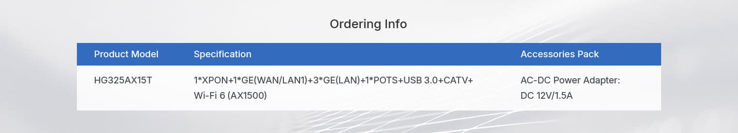 HG325AX15T — 1XPON+1GE(WAN/LAN1)+3GE(LAN)+1POTS+1USB3.0+CATV+Wi-Fi 6 HGU ONT, vista 13