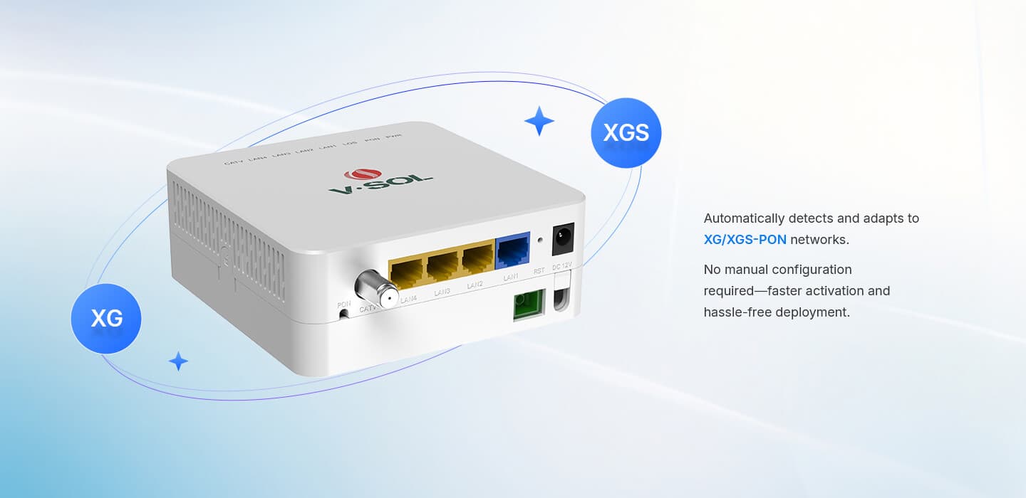 V2904QT-Z — 10G PON+2.5GbE+3GE+CATV SFU ONU, vista 8