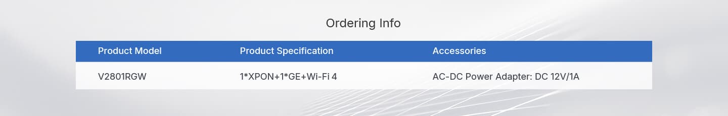 V2801RGW — 1GE+Wi-Fi 4 ONU, vista 12
